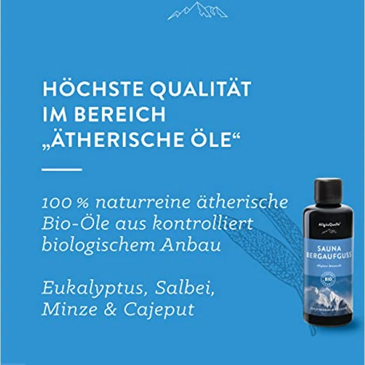 AllgäuQuelle® Saunaaufguss Atemwohl Eukalyptus Minze Salbei Cajeput, 100ml, 100% BIO-Öle, Naturrein, UV-geschütztes Bio-Energie-Glas – Bild 2