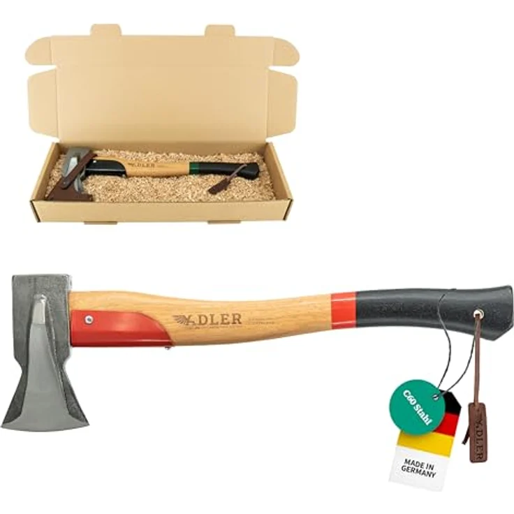 Adler Spaltbeil inkl. Lederschutz: Robustes Holzbeil aus C60-Stahl, 50cm Hickorystiel, Anti-Rutsch, rot/schwarz, 1250g – Bild 1