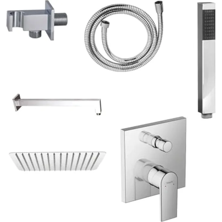 Belvit Hansgrohe Vernis Unterputz Wannenarmatur Set, Duschset mit Regendusche 30x30 cm, Handbrause, Duschschlauch, ohne iBox, Chrom