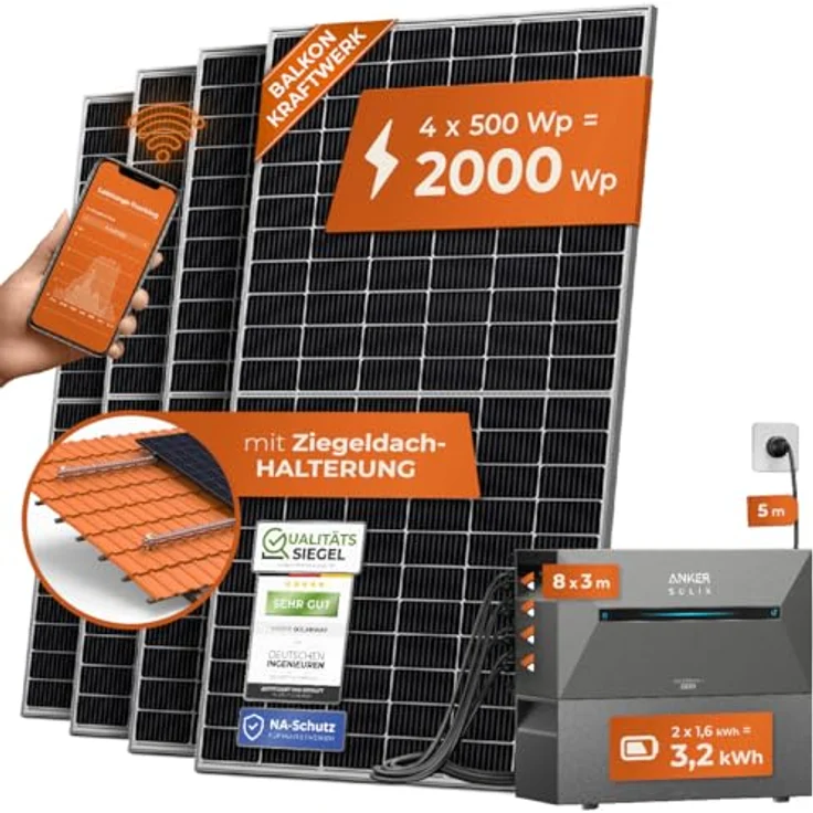 Solarway® All In One Balkonkraftwerk 2000W mit 3,2 kWh Anker Solix 2 PRO Speicher - Komplettset 500W Solarmodule & Zubehör, grau – Bild 1