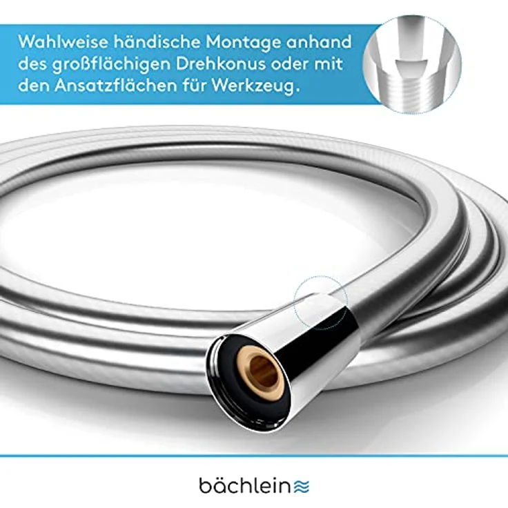 Bächlein Kunststoff Brauseschlauch mit doppelten Verdrehschutz, flexibler und knickfester Duschschlauch in 2m Länge - Made in Germany, G ½” Anschlussmaß, weiß – Bild 4