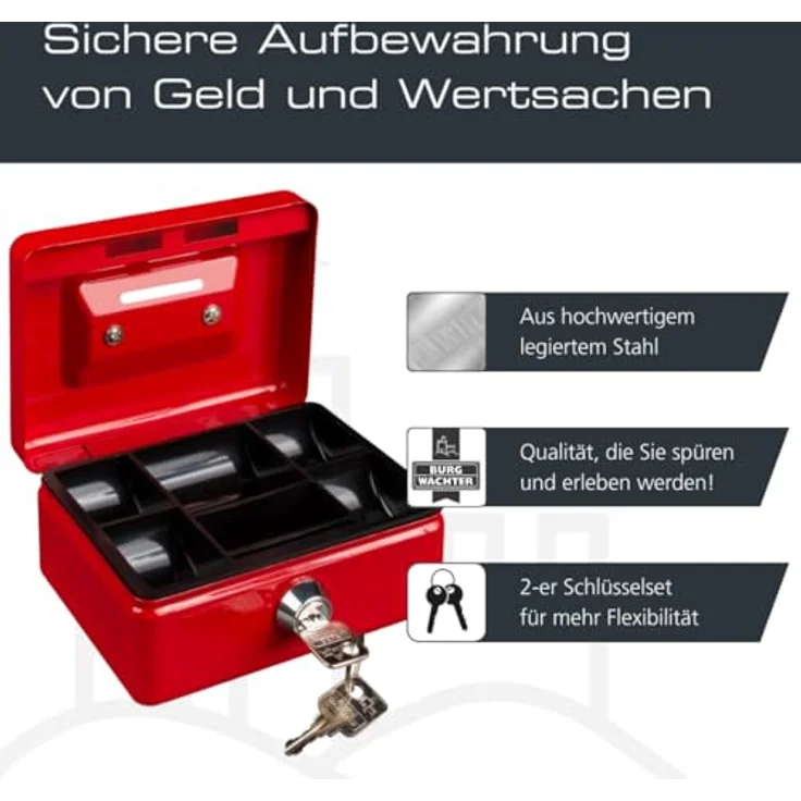 BURG-WÄCHTER Geldkassette, MONEY 5012, Stahlblech, Rot, Inkl. 2 Schlüssel und Hartgeldeinsatz, Mit Einwurfschlitz – Bild 5