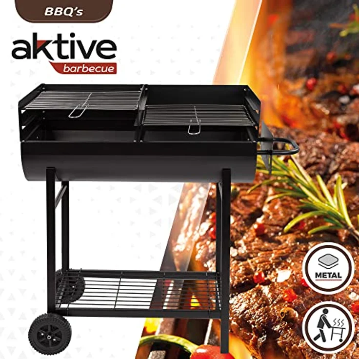 AKTIVE 52809 Holzkohlegrill, höhenverstellbar, Maße: 97 x 42 x 96 cm, doppelter Grillrost aus Stahl und abnehmbarer Aschebehälter, 2 Rollen für einfachen Transport, für den Außenbereich – Bild 2