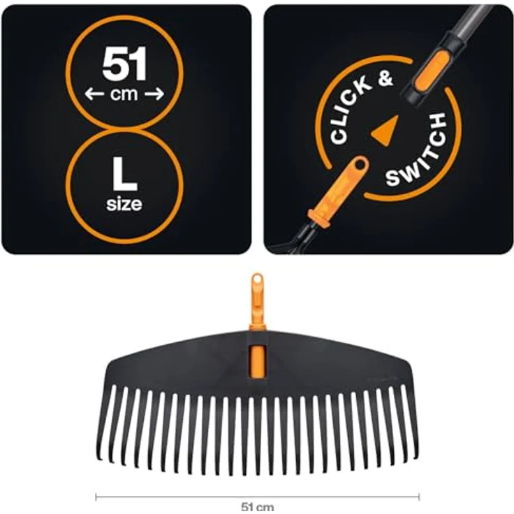 Fiskars OneClick Laubrechen L, Fächerbesen-Aufsatz für große Rasenflächen, 51 cm, Schwarz/Orange, einfaches OneClick-System, flexibles und robustes Design – Bild 2