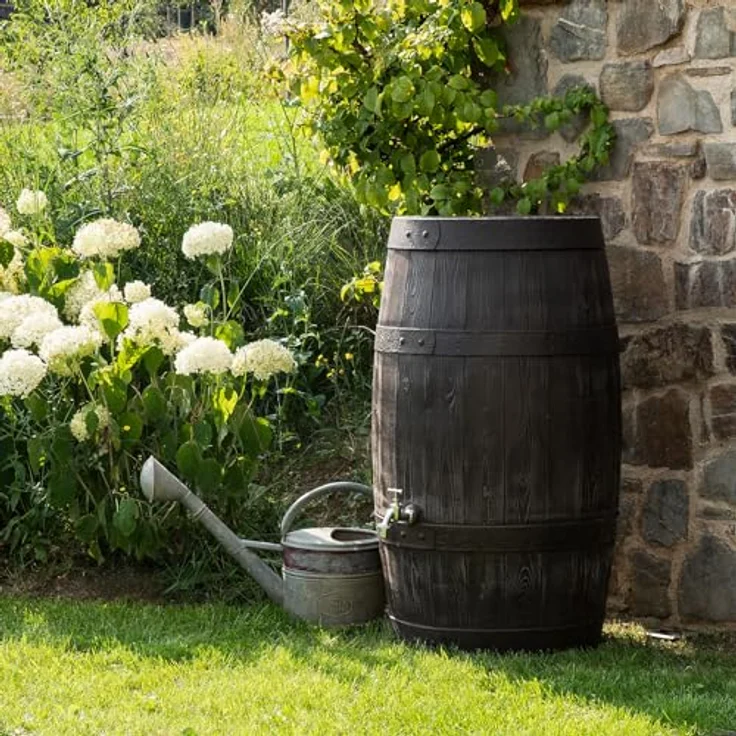 Prosperplast Regentonne Barrique 250 Liter in braun, UV- und witterungsbeständig mit kindersicherem Deckel und Messinggewinde – Bild 2