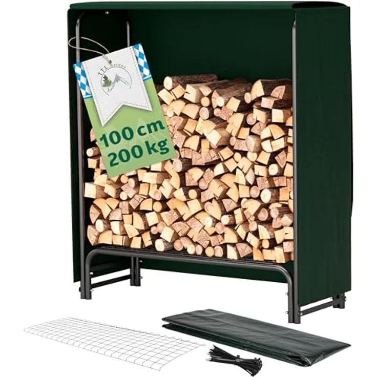TTL GARDEN Kaminholzregal S, 100x36x116cm schwarz, wetterfeste Abdeckung, metallischer Stahlrohrrahmen, bis 200kg Holz, für innen & außen