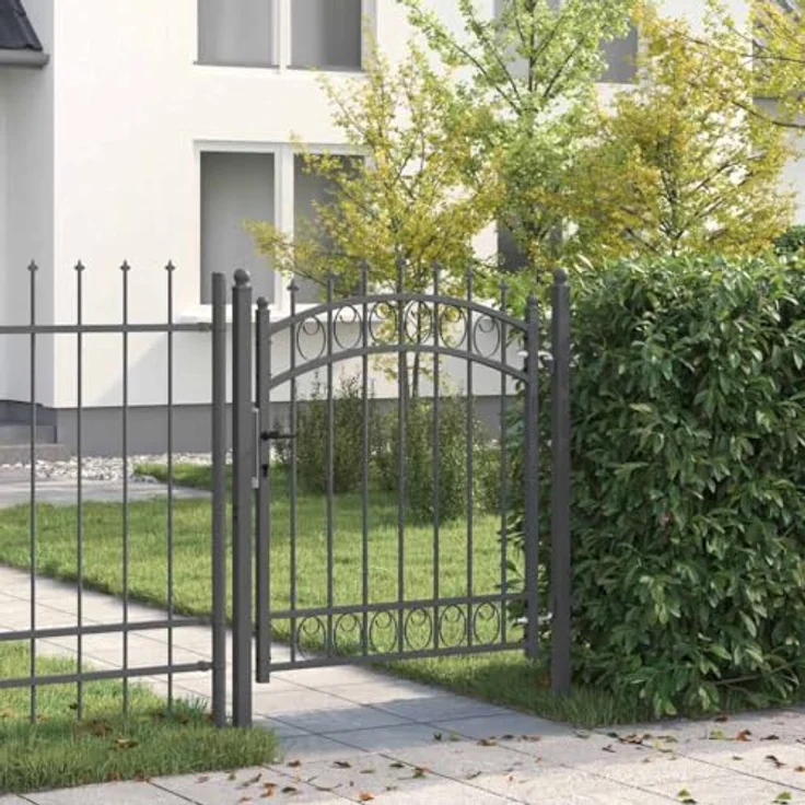 vidaXL Gartentor Zauntor Grau, pulverbeschichteter Stahl mit gewölbtem Design und Sicherheitsriegel, 125 x 100 cm – Bild 2