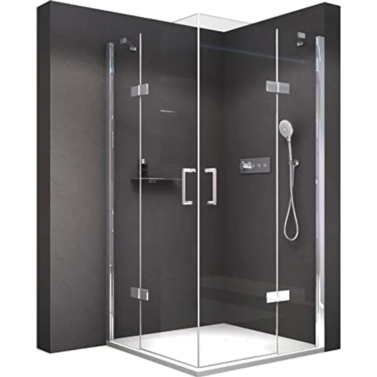 NEXTREND Eckdusche NT407, 8 mm Nano Klarglas, zwei Drehtüren nach außen, Breite wählbar, Türanschlag rechts und links 90 cm