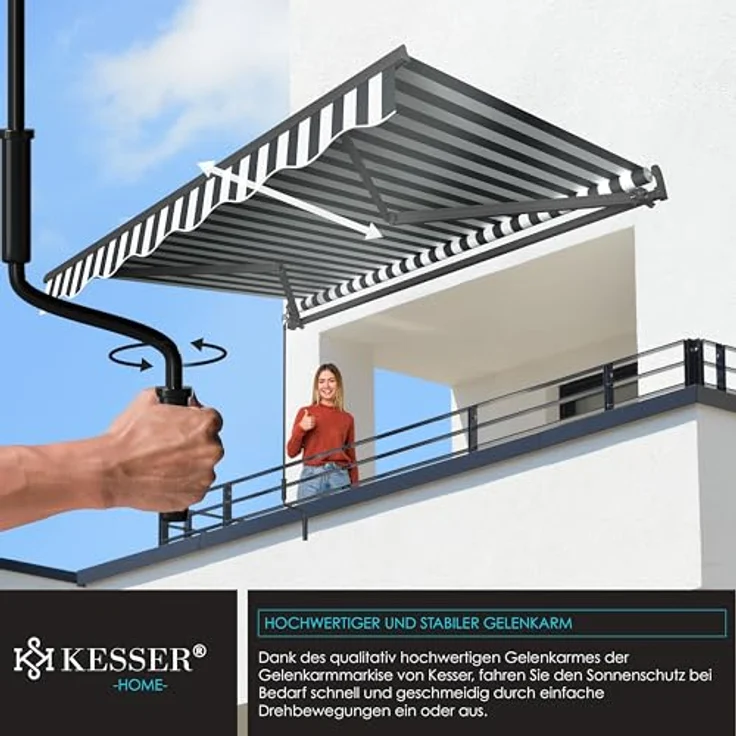KESSER® Gelenkarmmarkise 250 x 200 cm, wasserabweisende Terrassenmarkise mit Wandhalterung, Alu/Polyester in Weiß/Anthrazit – Bild 3