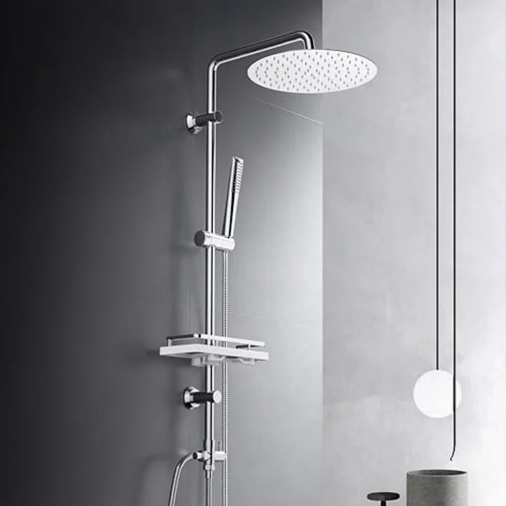 Görbach Edelstahl Duschset Regendusche mit 25 cm Kopfbrause, verstellbarer Duschstange und Duschablage in Chrom – Bild 1