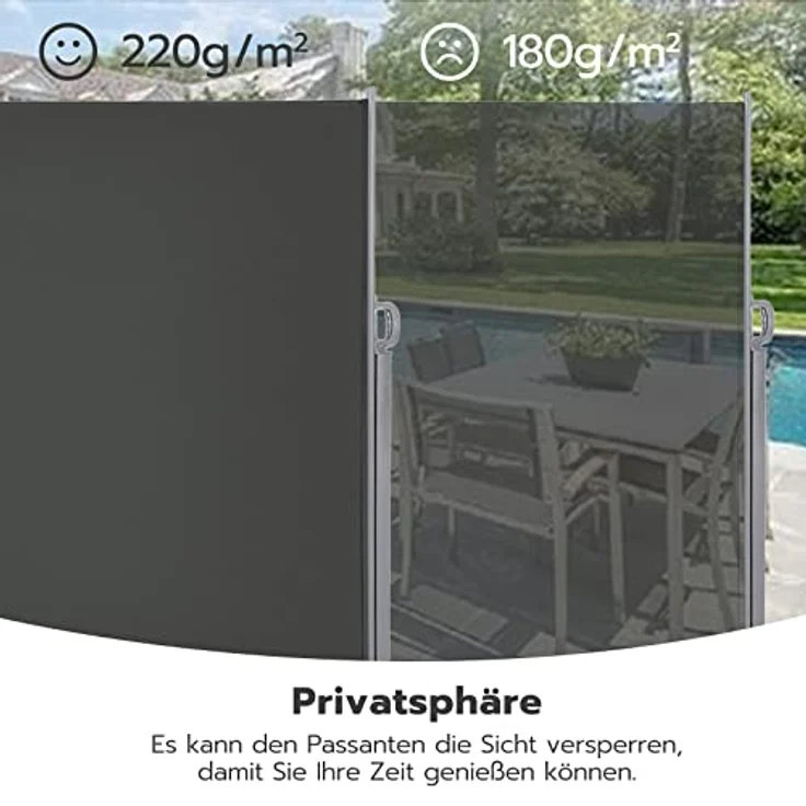 LARMNEE Seitenmarkise, 200 x 450 cm, Rostbeständig, Ausziehbar, Blickdicht, Dunkelgrau, für Balkon, Terrasse, Garten – Bild 5