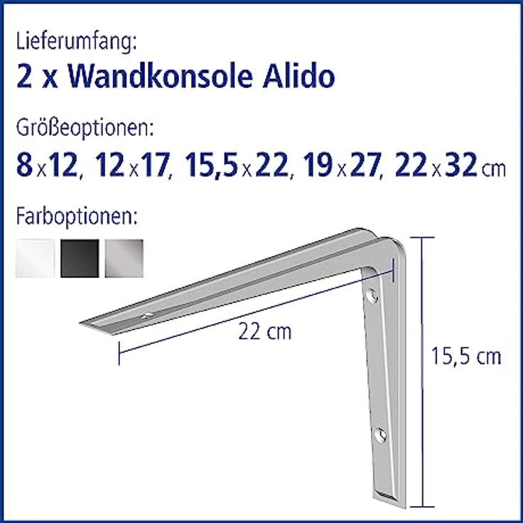 Regalkonsole Alido - Regalträger - 5 Größen - 3 Farben - 2 Stück - Regalwinkel weiß - 155 x 220 mm – Bild 3