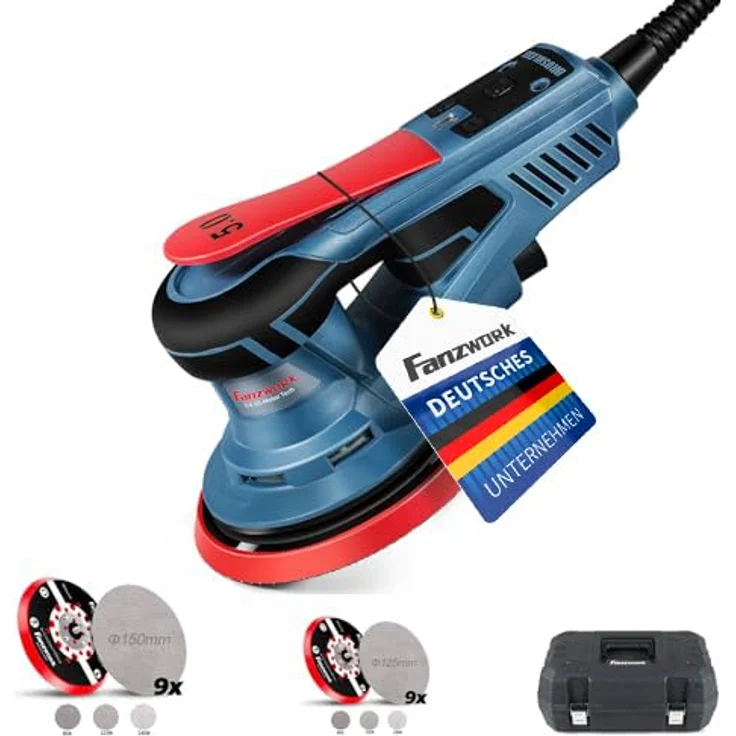 FANZTOOL FANZWORK Bürstenloser Exzenterschleifer HG0024, 125mm/150mm Schleifteller, 5mm Schleifhub, 7-Stufige Drehzahlregelung bis 10.000 U/min, Tellerbremse, Tragkoffer mit 18x Schleifgitter – Bild 1