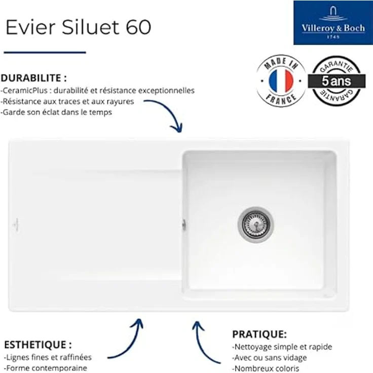 Villeroy & Boch Spüle Siluet 60, reversibles Spülbecken aus TitanCeram, crema, für aufliegenden Einbau, Mindestunterschrankbreite 60 cm – Bild 3