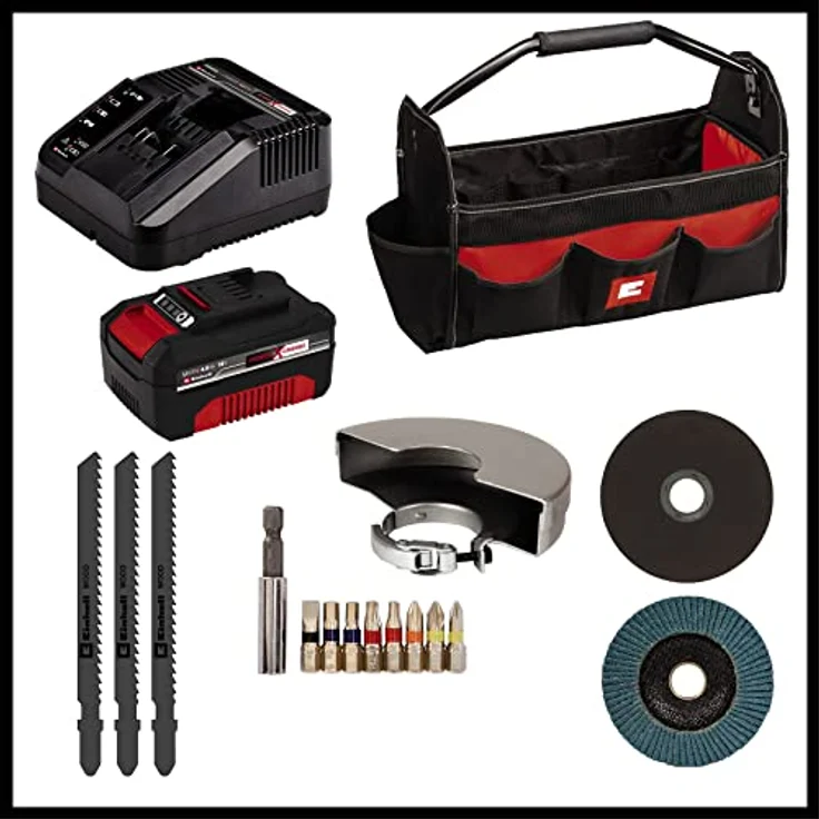 Einhell Akku-Bohrschrauber TE-CD 18/40 Li + Akku-Winkelschleifer TC-AG 18/115 Li + Akku-Stichsäge TC-JS 18 Li Power X-Change (18 V, inkl. 1x 4,0 Ah Akku, Ladegerät, Zubehör, Tasche) – Bild 3