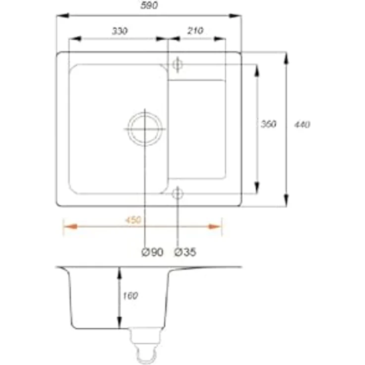 QLS Granit-Küchenspüle LUNA 59x44 cm, 1-Becken mit Abtropffläche, reversibel, automatischer Siphon, für 40 cm Unterschrank, Schwarz metallic, matt, kompakt – Bild 3