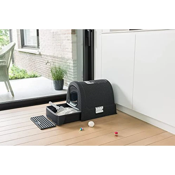 Curver 2068961 petlife Katzentoilette mit Deckel, Katzenklo inklusive Schaufel, moderne Rattangeflecht-Optik, anthrazit, 51,5 x 38,5 x 40 cm – Bild 4