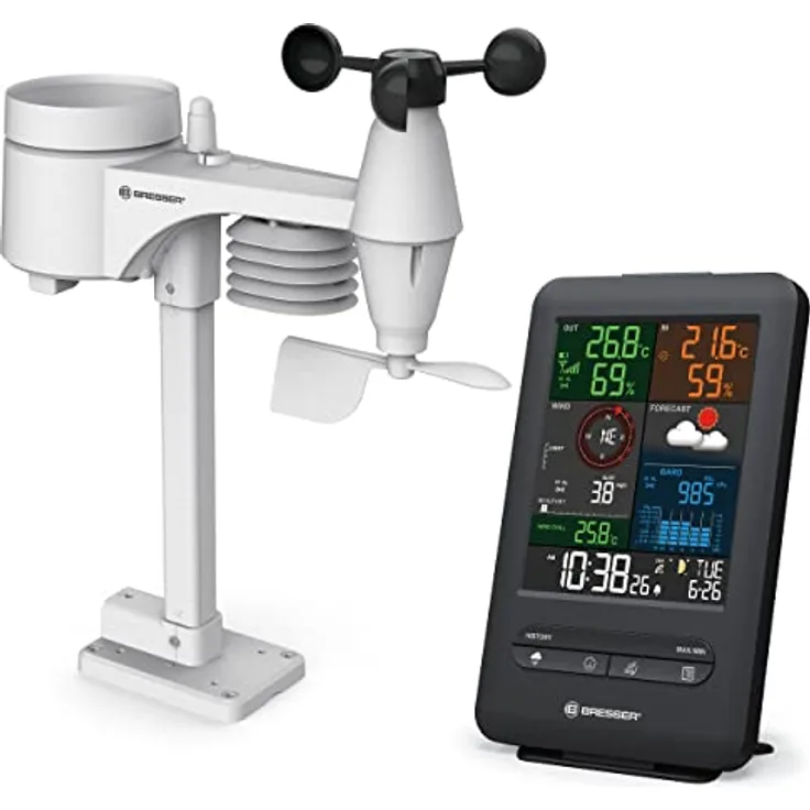 Bresser 7002525 Wetterstation Funk mit Außensensor 5-in-1 Beaufort mit großem Farbdisplay, Sensor für Temperatur, Luftfeuchtigkeit, Luftdruck, Windrichtung und Regenmesser, Schwarz, Einzigartig