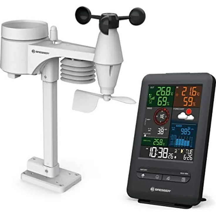 Bresser 7002525 Wetterstation Funk mit Außensensor 5-in-1 Beaufort mit großem Farbdisplay, Sensor für Temperatur, Luftfeuchtigkeit, Luftdruck, Windrichtung und Regenmesser, Schwarz, Einzigartig – Bild 1