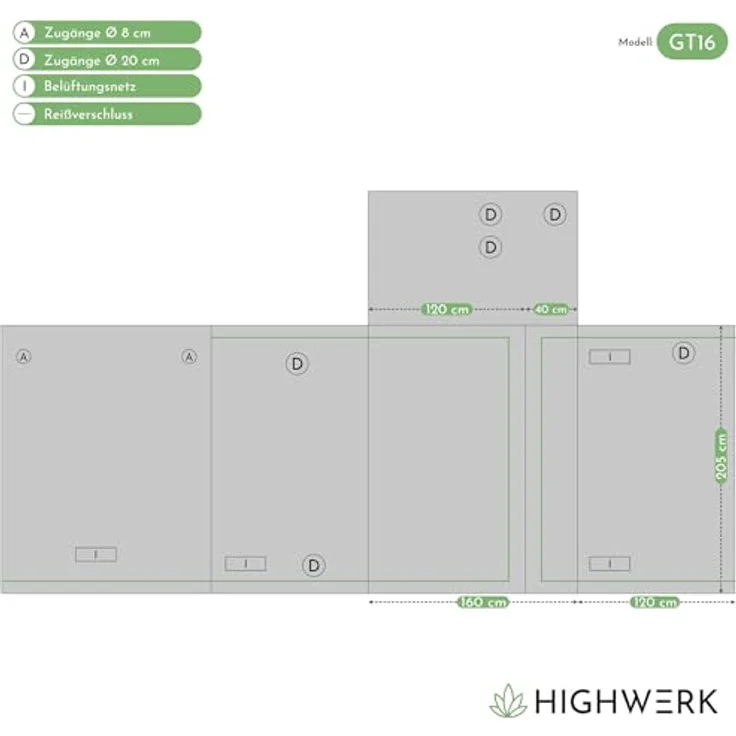 HIGHWERK Growzelt "MyHomeGrow" 160 x 120 x 205 cm, 2-Kammer Zuchtzelt, lichtundurchlässig mit hochreflektierender Innenbeschichtung, schwarz-grün – Bild 2