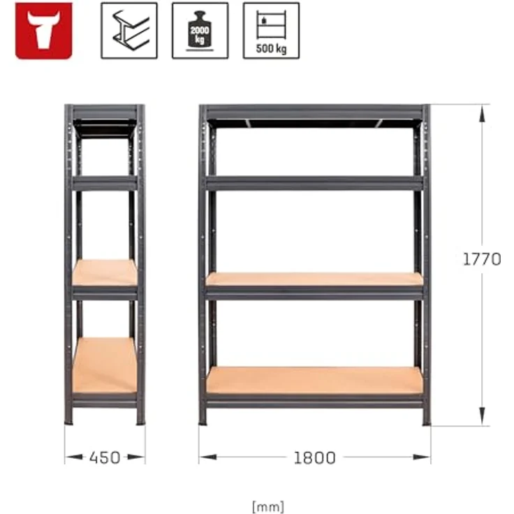 STIER Schwerlast-Fachbodenregal, maximale Fachlast 500kg, HxBxT 1770x1800x450 mm, stabiles Stahlgestell, einfach zu montieren – Bild 2