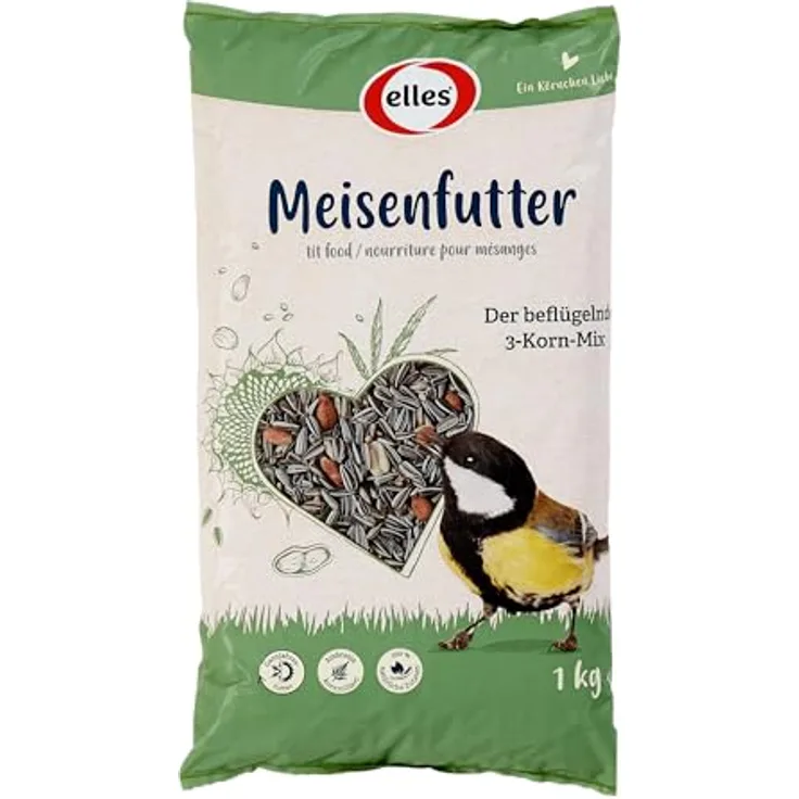 Elles Meisenfutter 1kg beflügelnder 3-Korn-Mix | Energiereiches Ganzjahresfutter I Mix aus erlesenen Sonnenblumenkernen, Erdnüssen & Hanfsaat I Ideal für Futterhäuschen & Bodenfütterung
