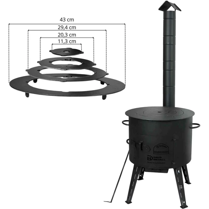 4BIG.fun Ø40 Uchag, 2mm Stahl Feuerofen mit Abzugsrohr und Adapter-Ringen, ideal für Camping und Außenküche – Bild 1
