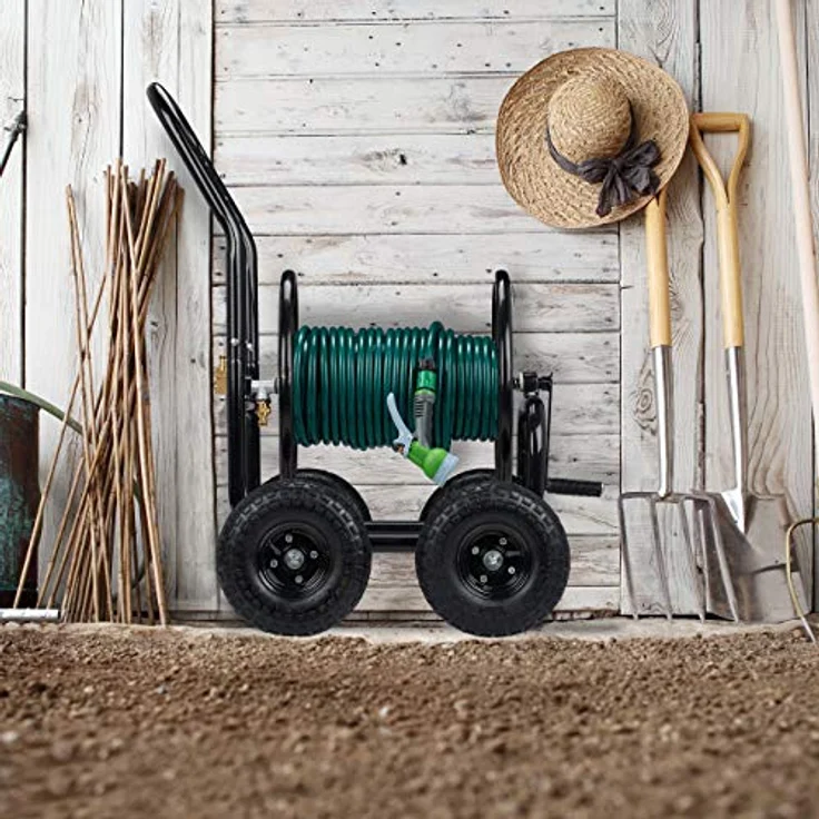 Relaxdays Schlauchwagen Metall, 1/2" & 3/4" Anschluss, fahrbare Schlauchtrommel, bis 75 m Schlauch, 4 Räder, schwarz – Bild 2