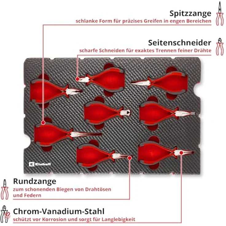 Einhell Kombizange Set, 8-tlg. Präzisionszangen aus Chrom-Vanadium-Stahl für Feinmechanik und Elektronik, ergonomische Griffe, E-Case-System – Bild 4