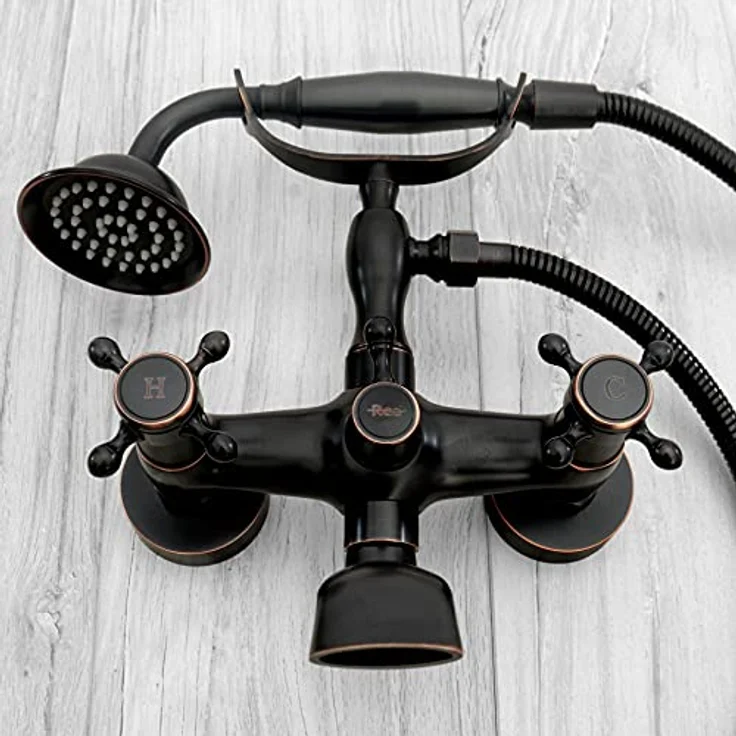Rea Jahrgang Mischer Antippen Wasserhahn, Retro Badewannenarmatur mit schwarzem Duschkopf, Wandmontage, 265 mm Höhe – Bild 2