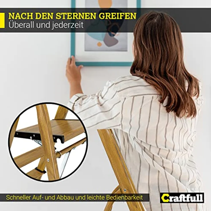 Craftfull Stehleiter CF-133A Aluminium-Haushaltsleiter klappbar Holzoptik (2 Stufen Holz Edition) – Bild 6