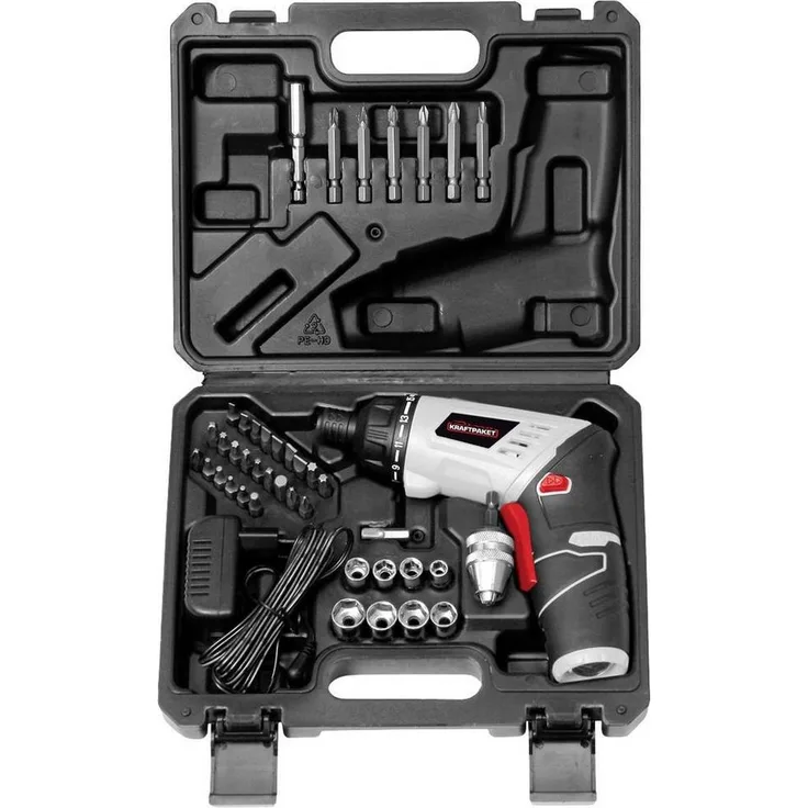 Dino KRAFTPAKET Akku-Schrauber Mini-Akkuschrauber-Set Multiplex 3.6V 5Nm 41-tlg, mit Zubehör, LED-Leuchten, Stab- und Pistolenform, drehbares Gehäuse
