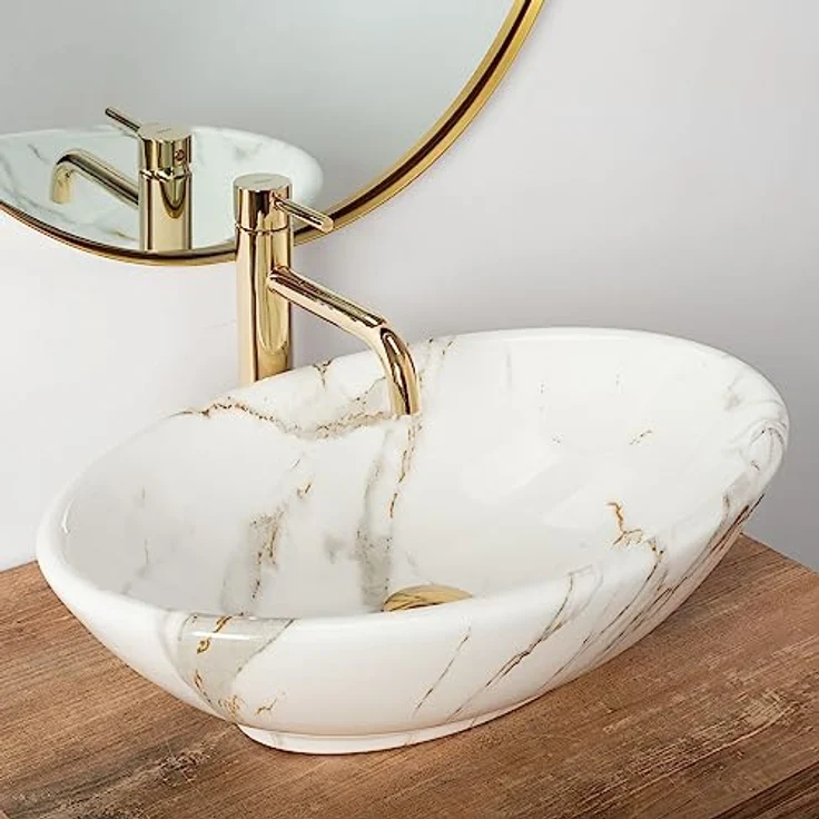 Rea Aufsatzwaschbecken Pamela Shiny Aiax Waschtisch Handwaschbecken Waschschale Waschbecken für Badezimmer aus hochwertiger Keramik 530 x 330 x 150 mm (Stein imitiert) – Bild 5