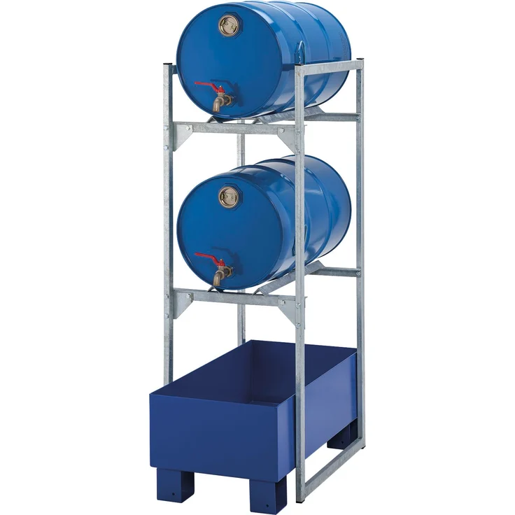 Cemo Regal "120", Lagerregal für 2 Fässer à 60 Liter, feuerverzinkter Stahl, 82 x 131 x 45 cm, korrosionsbeständige GFK-Auffangwanne 65 Liter