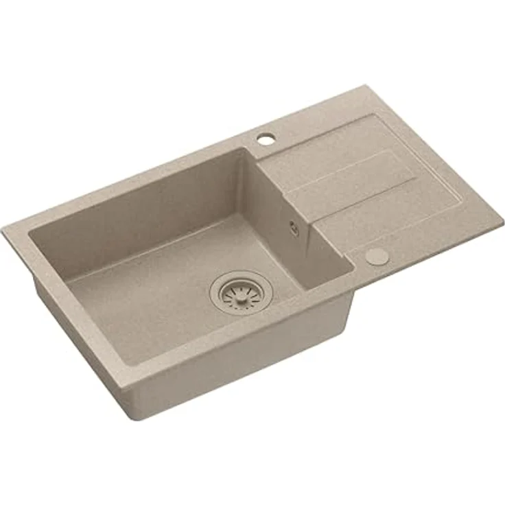 QUADRON Spülbecken Beige | Granitspüle CHRISTIAN 136 XL | mit manuellem Siphon und Abtropffläche | Einzelbecken Küchenspüle – Bild 1