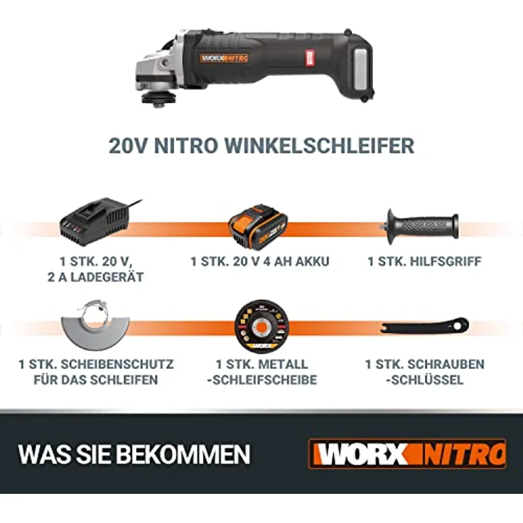 Worx Akku-Winkelschleifer WX812, 20 V bürstenloser Motor, 4,0 Ah, 125 mm, werkzeuglose Schutzhaubenverstellung, 1,6 kg – Bild 8