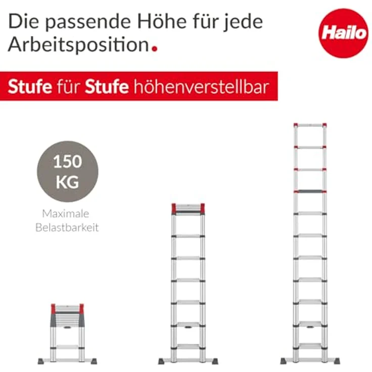 Hailo Master T100 FlexLine Sicherheits-Teleskopleiter, ausziehbare Aluminiumleiter mit 11 Stufen, max. Arbeitshöhe 420 cm, belastbar bis 150 kg, Silber – Bild 4