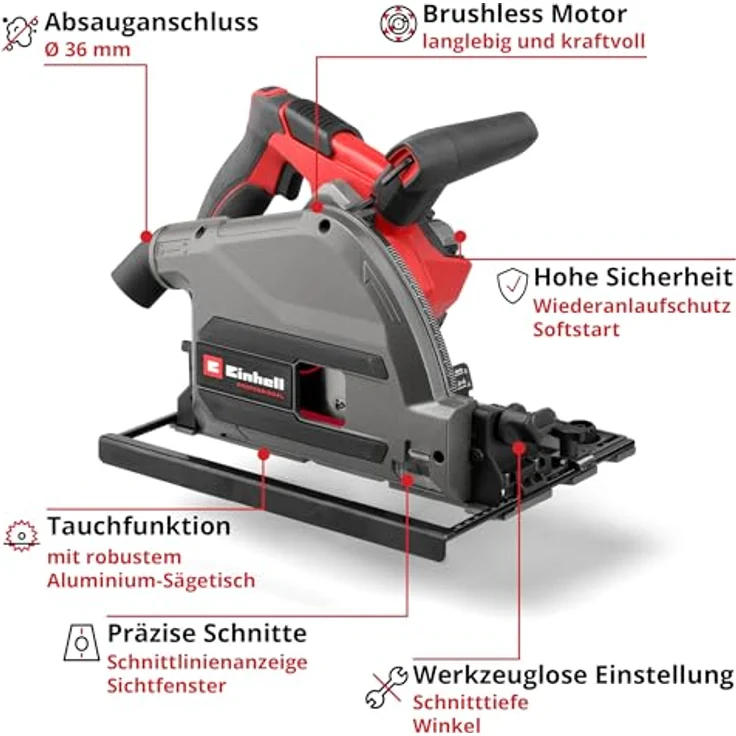 Einhell Professional TP-PS 18/165 Li BL, Akku-Tauchsäge mit 56mm Schnitttiefe, bürstenloser Motor, Aluminium-Sägetisch – Bild 3