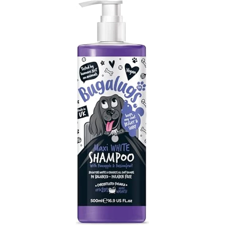 Bugalugs Hundeshampoo Maxi White, PH-neutrales Tiershampoo für strahlendes, weiches Fell, 500 ml, Ananas-Marakuja-Duft – Bild 1