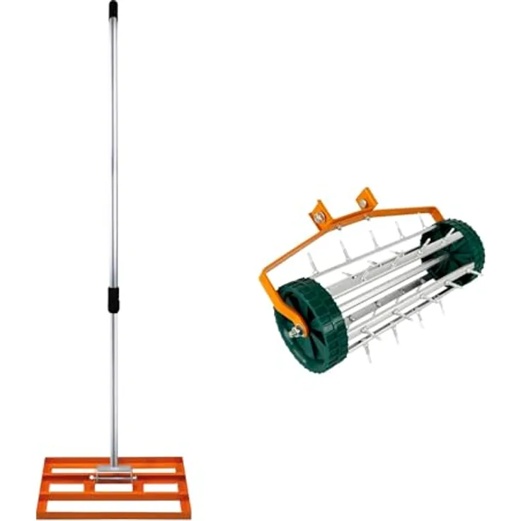 T-Mech Belüfter und rollender Rasennivellierer 3.8cm Spitzen 50cm x 32cm Orangefarbener Nivellierrechen, Abnehmbarer, ausziehbarer Doppelzweck-Griff