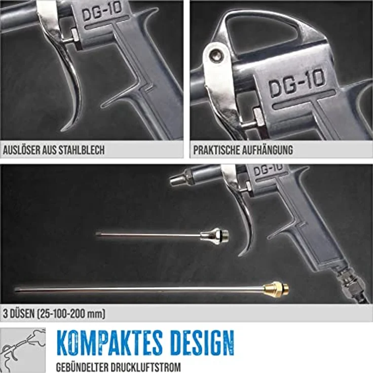 Güde Druckluft-Ausblaspistole 3-tlg., Aluminium-Druckgussgehäuse, 8 bar, 120-600 l/min, inkl. 3 Düsen (25/100/200 mm) – Bild 3