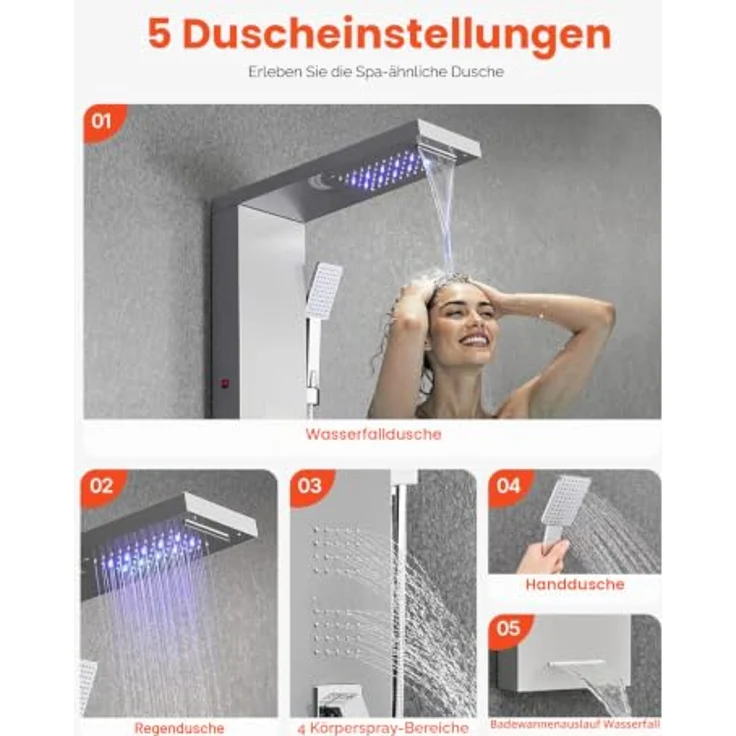 VEVOR Duschpaneel-Turmsystem mit 5 Modi, Regenwasserfall-Duschkopf und LED, 1345 mm, gebürsteter Edelstahl, Handbrause & 4 Körperbrausen, wandmontierbar – Bild 3