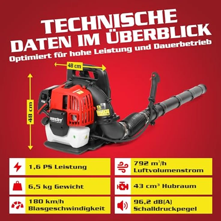 Hecht 943 Benzin-Rückenlaubbläser, 1,7 PS, 900 m³/h, 43 cm³, ergonomischer Tragegurt – Bild 6