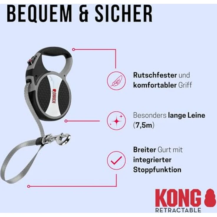 KONG ausrollbare Hundeleine in 7,5m Länge I Für große Hunde bis 50kg I Größe L I Hochwertige Rollleine mit Break & Lock System in rot I komfortable Leine mit Softgriff & reflektierendem Gurt – Bild 3