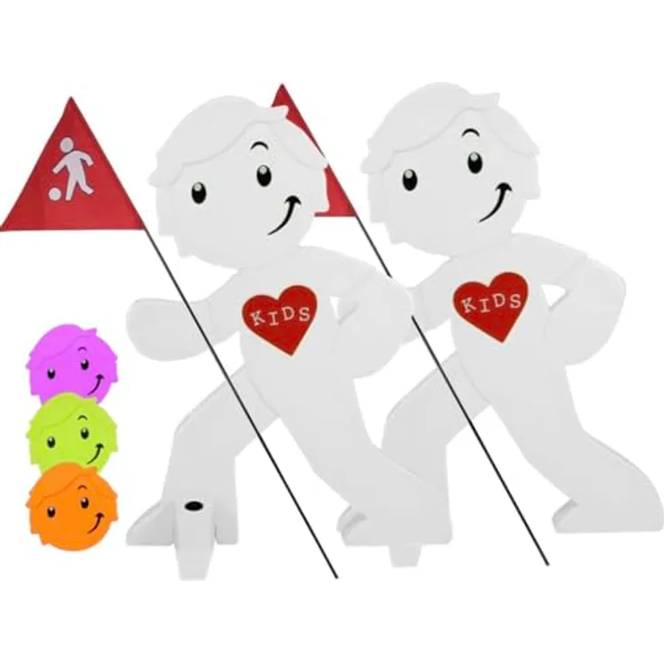 StreetBuddy - Warnfigur mit Fahne, reflektierender Warnaufsteller für Kindersicherheit - Achtung langsam Fahren - Vorsicht spielende Kinder - Schild Autofahrer Warnung (2X Weiß)