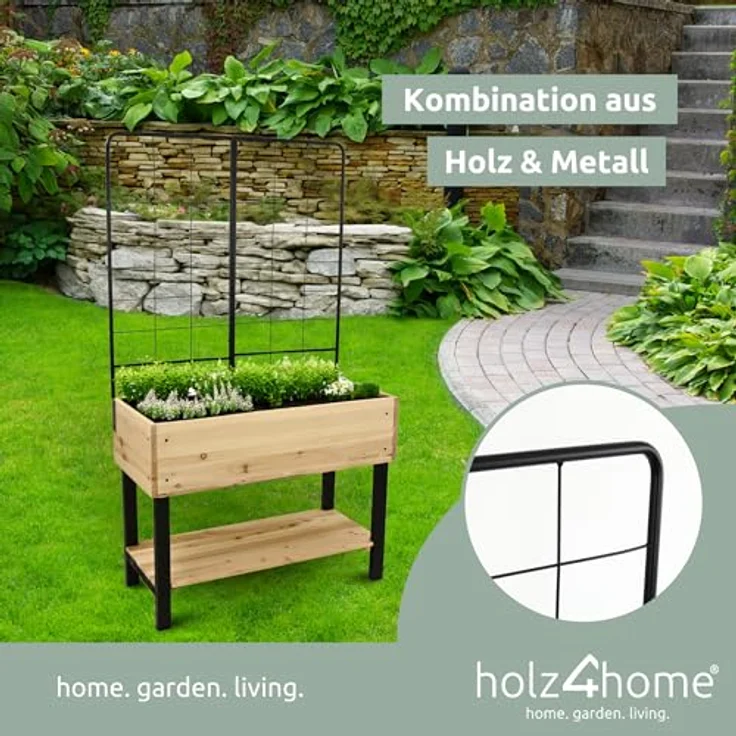 holz4home Hochbeet mit Rankgitter aus Metall I Pflanzkasten mit Spalier inkl. Einlegevlies & Gartenhandschuhe I Modernes Design I Tannenholz in natur – Bild 2