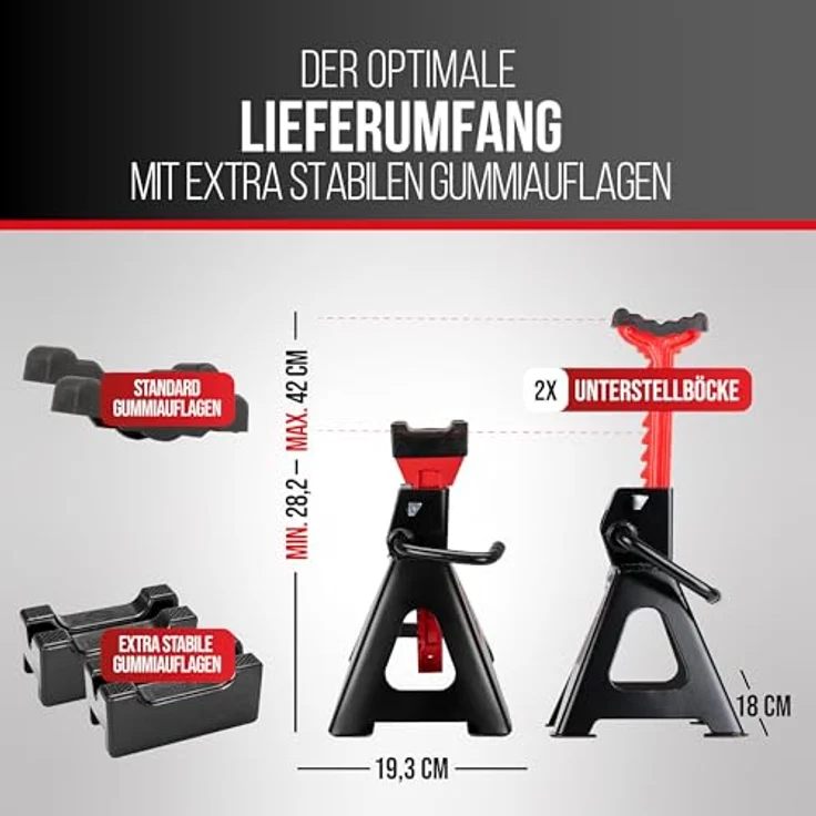 HEYNER® UltraSafe PRO Unterstellbock 2er Set, 10-fach höhenverstellbar, Hubhöhe 282-430 mm, Traglast 2t, mit Gummiauflage, schwarz-rot – Bild 4