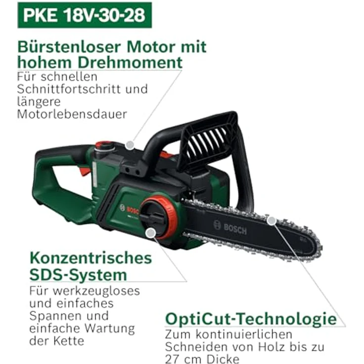 Bosch Akku-Kettensäge PKE18V-30-28, bürstenloser Motor, 27 cm Schnittdurchmesser, automatische Ölsystem, Solo Variante – Bild 4