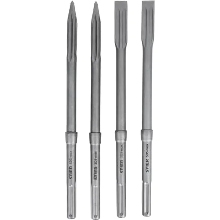 STIER Meißel-Set SDS-max, 4-teilig, inkl. Spitz- und Flachmeißel, 400 mm x 25 mm, selbstnachschärfende Spitze, hohe Materialabtragungsrate
