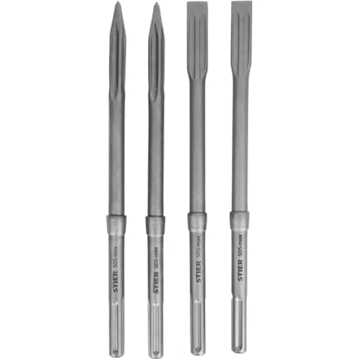 STIER Meißel-Set SDS-max, 4-teilig, inkl. Spitz- und Flachmeißel, 400 mm x 25 mm, selbstnachschärfende Spitze, hohe Materialabtragungsrate – Bild 1